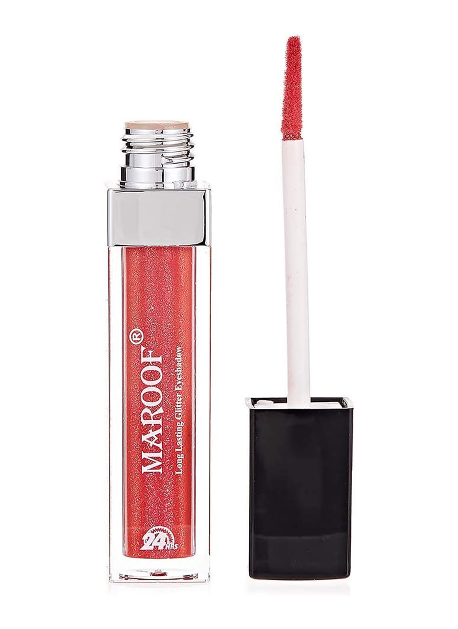 A vibrant red Marrof lip gloss tube, showcasing its glossy finish, alongside Long Lasting Glitter Eyeshadow for a complete look.